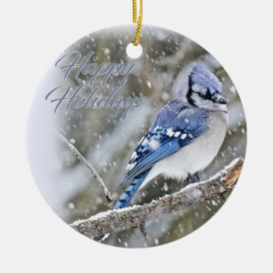 Décoration En Céramique Geai bleu dans des vacances de Noël de neige