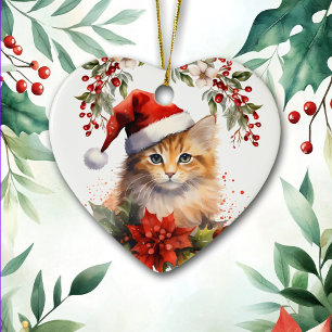 Décoration En Céramique Gingembre mignon Orange Chat Holly Berry Noël