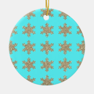 Décoration En Céramique Glittery Gold Snowflakes Motif Turquoise Bleu