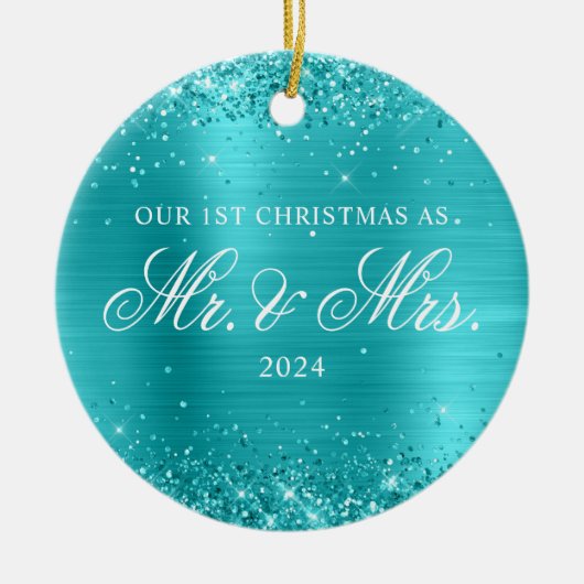 Décoration En Céramique Glittery Turquoise Blue Foil Notre 1er Noël (Devant)
