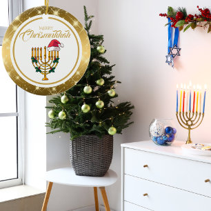 Décoration En Céramique Gold Menorah Père Noël Hanoukka Merry Chrismukkah