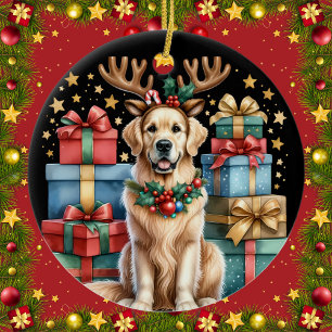 Décoration En Céramique Golden Retriever Noël Reindeer Antlers Cadeaux