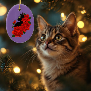 Décoration En Céramique Gothique Chat Noir Roses Rouges Violet