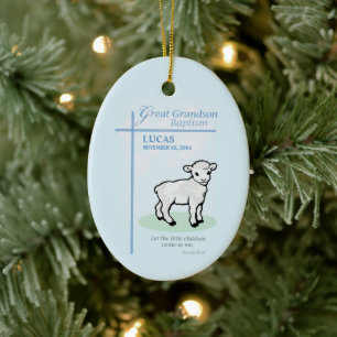Décoration En Céramique Grand-fils Baptême Lamb Bleu Personnalisé