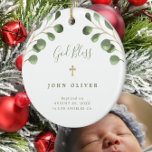 Décoration En Céramique Green eucalyptus feuillage bébé baptême photo<br><div class="desc">Aquarelle feuilles de verdure eucalyptus et un élégant script de calligraphie de style manuscrit faisant un beau garçon ou fille baptism personnalisé gardien de Noël ornement d'arbre blanc.</div>