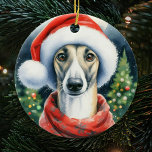 Décoration En Céramique Greyhound Santa Hat Aquarelle Noël<br><div class="desc">Cute Aquarelle Greyhound Portant un Noël de chapeau de Noël Ornement aux tons vintages et un arbre de Noël dans l'arrière - plan. Le cadeau idéal pour les amateurs de verdure.</div>