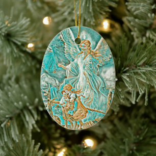 Décoration En Céramique Guardian Angel, Children and Bridge Gold et Turquo