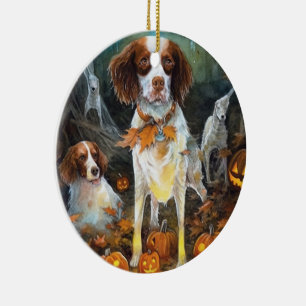 Décoration En Céramique Halloween Brittany Spaniel avec citrouilles effray