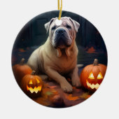Décoration En Céramique Halloween Shar Pei Avec La Peur Citrouille (Devant)