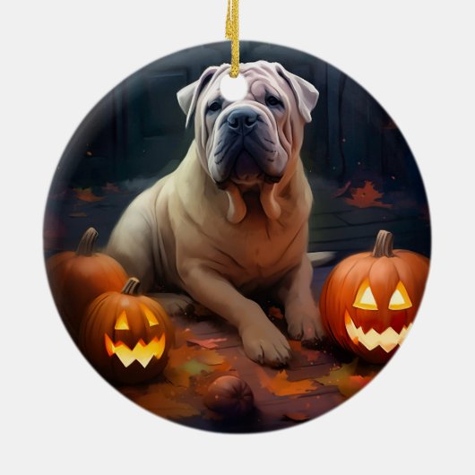 Décoration En Céramique Halloween Shar Pei Avec La Peur Citrouille (Dos)
