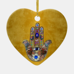 Décoration En Céramique Hamsa Cœurs Fleurs Opale Art sur Or