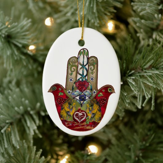 Décoration En Céramique Hamsa Rouge Oiseau Cœur Grenade Rubis (Arbre)