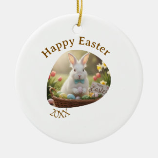 Décoration En Céramique Happy Easter white bunny year photo family name 