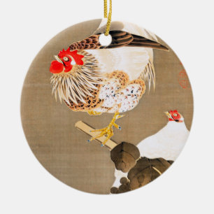 Décoration En Céramique Hen et coq avec Grapevine par Ito Jakuchu