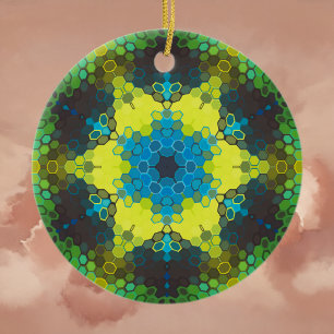 Décoration En Céramique Hex Mandala vert jaune et bleu