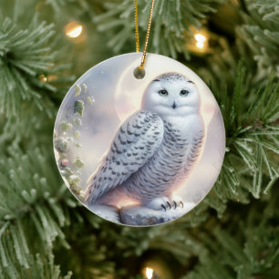 Décoration En Céramique Hibou des neiges dans un jardin d'hiver au clair d