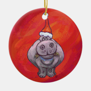 Décoration En Céramique Hippo mignon à Santa Hat en rouge