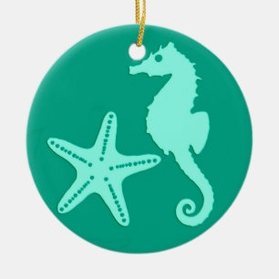 Décoration En Céramique Hippocampe et poisson étoile - turquoise et aqua