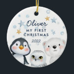 Décoration En Céramique hiver Neige Arctique Animaux bébé 1er Noël<br><div class="desc">Cherchez-vous un mignon bébé gardien pour Noël ? Découvrez cet hiver Neige Arctique Animaux Bébé 1er ornement en céramique de Noël. Il comprend un manchot mignon, un ours polaire et une chouette de neige avec des flocons de neige et des étoiles dans l'arrière - plan. Vous pouvez ajouter vos propres...</div>