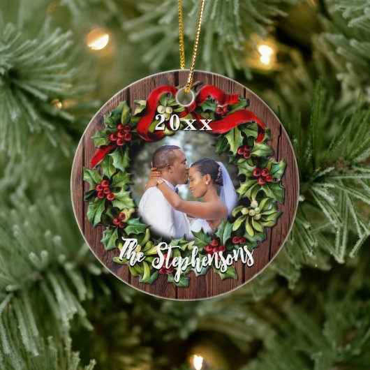 Décoration En Céramique Holly Wreath First Christmas Couple Mariage Photo (Arbre)