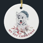 Décoration En Céramique Husky dog 1st Christmas cute dog puppy winter<br><div class="desc">Personalized Husky dog My 1st Christmas ornament with cute watercolor husky puppy dog in Santa hat. 2 sided ornament,  personalized text.</div>