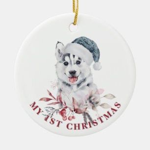 Décoration En Céramique Husky dog 1st Christmas cute dog puppy winter