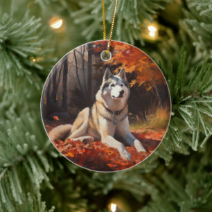 Décoration En Céramique Husky Sibérien dans les feuilles d'automne qui tom