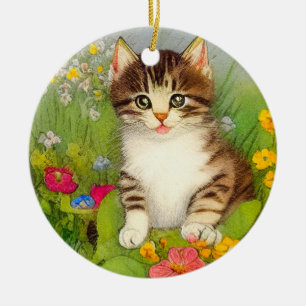 Décoration En Céramique Illustration de chat souriant vintage