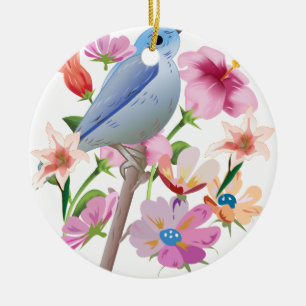 Décoration En Céramique Illustration des fleurs d'oiseaux et de printemps