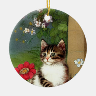Décoration En Céramique Illustration vintage de chat avec fleurs de printe
