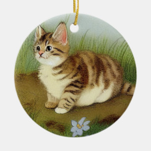 Décoration En Céramique Illustration vintage Kitten avec fleurs