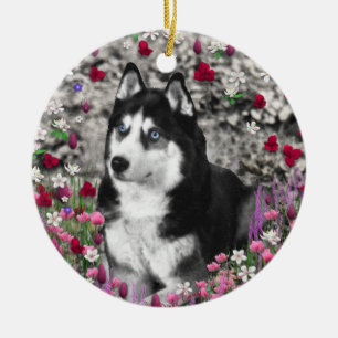 Décoration En Céramique Irie le chien de traîneau sibérien en fleurs