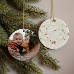 Décoration En Céramique Ivory Festive Botanique<br><div class="desc">Un joyeux ornement botanique festif peint à la main. Customisez avec votre propre photo de famille et signature pour chérir année après année!</div>