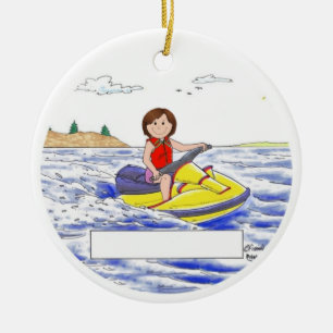 Décoration En Céramique Jet Skier Personnalisé - Femme, Cheveux Brown