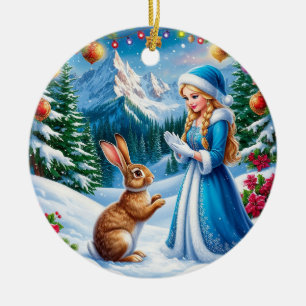 Décoration En Céramique Jeune fille de neige dans une scène de forêt hiver