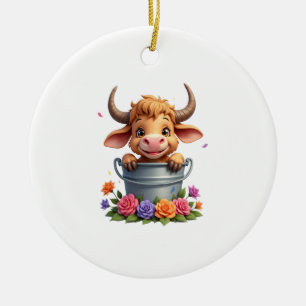 Décoration En Céramique Joli bébé vache des Highlands avec fleurs Veau Ani