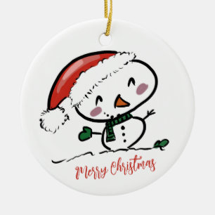 Décoration En Céramique Joli bonhomme de neige avec chapeau de Père Noël