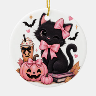 Décoration En Céramique Joli Chat Noir Coquette Halloween avec des Rubans 