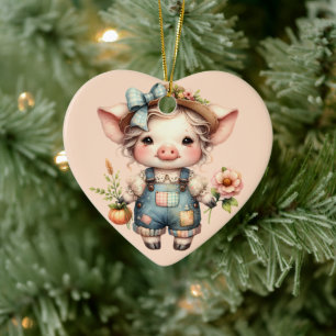 Décoration En Céramique Joli cochon Farmcore en salopette avec des fleurs