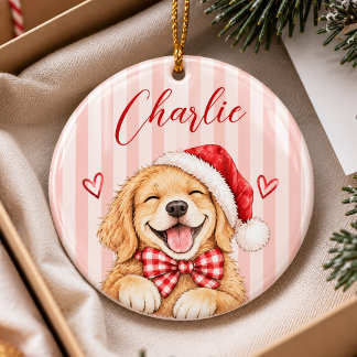 Décoration En Céramique Joli Golden Retriever Nœud Rouge Noël