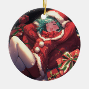 Décoration En Céramique Joli Noël Excité Père Noël Cadeaux Anime Girl