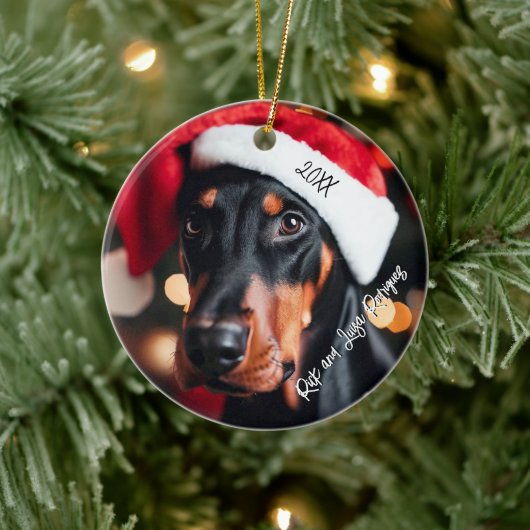 Décoration En Céramique Joli noir et tan Doberman avec Santa Hat (Arbre)