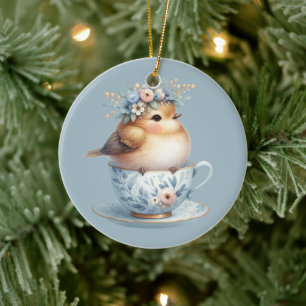 Décoration En Céramique Joli Oiseau Bleu avec Couronne Florale dans une Ta