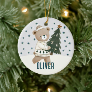 Décoration En Céramique Joli ours arbre de Noël enfants nom Noël