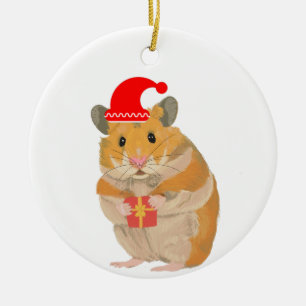 Décoration En Céramique Joli petit Hamster de Noël tenant un cadeau