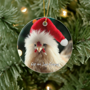 Décoration En Céramique Joli poulet soyeux blanc en chapeau de Père Noël à