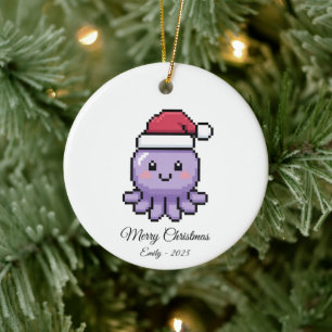 Décoration En Céramique Joli poulpe en pixel art avec chapeau de Père Noël