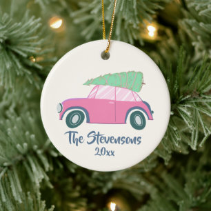 Décoration En Céramique Joli Voiture Rose Aquarelle Arbre de Noël Personna