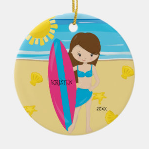 Décoration En Céramique Jolie fille surfeuse brune Noël personnalisé