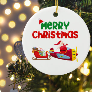 Décoration En Céramique Jolie Père Noël Vol en avion & Sleigh, Noël